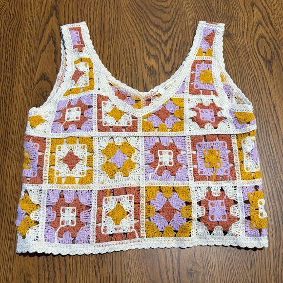 Rebellion Again Cropped Tank Top Crochet Knit Granny Square Patchwork XS Boho - Picture 5 of 5